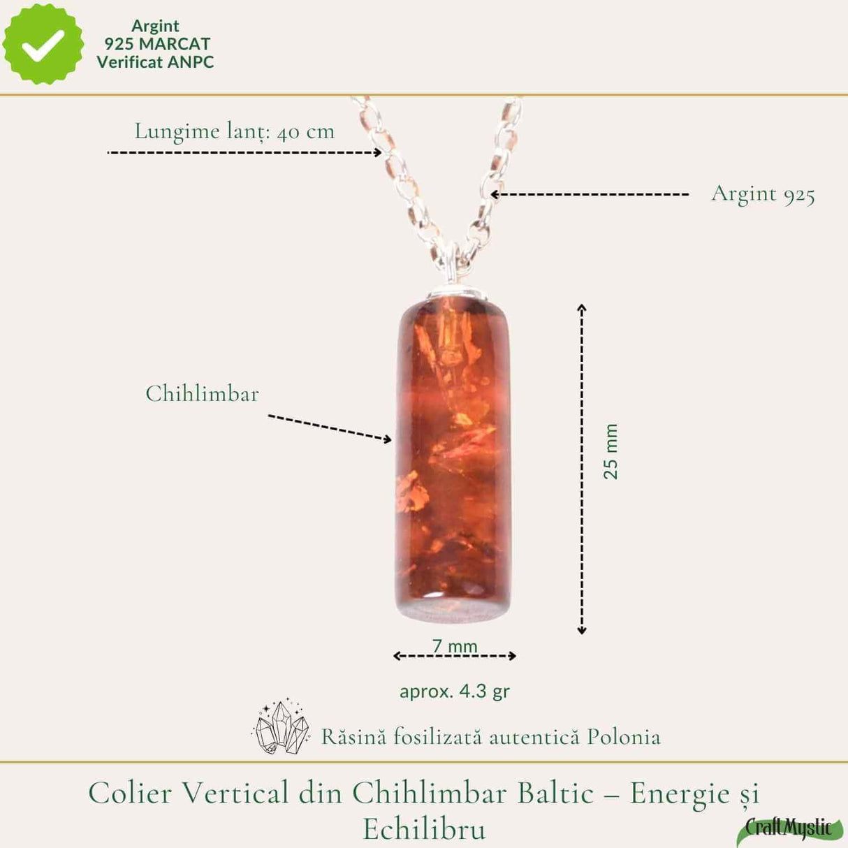 Colier argint 925 cilindru cu chihlimbar natural - Energie solara si claritate