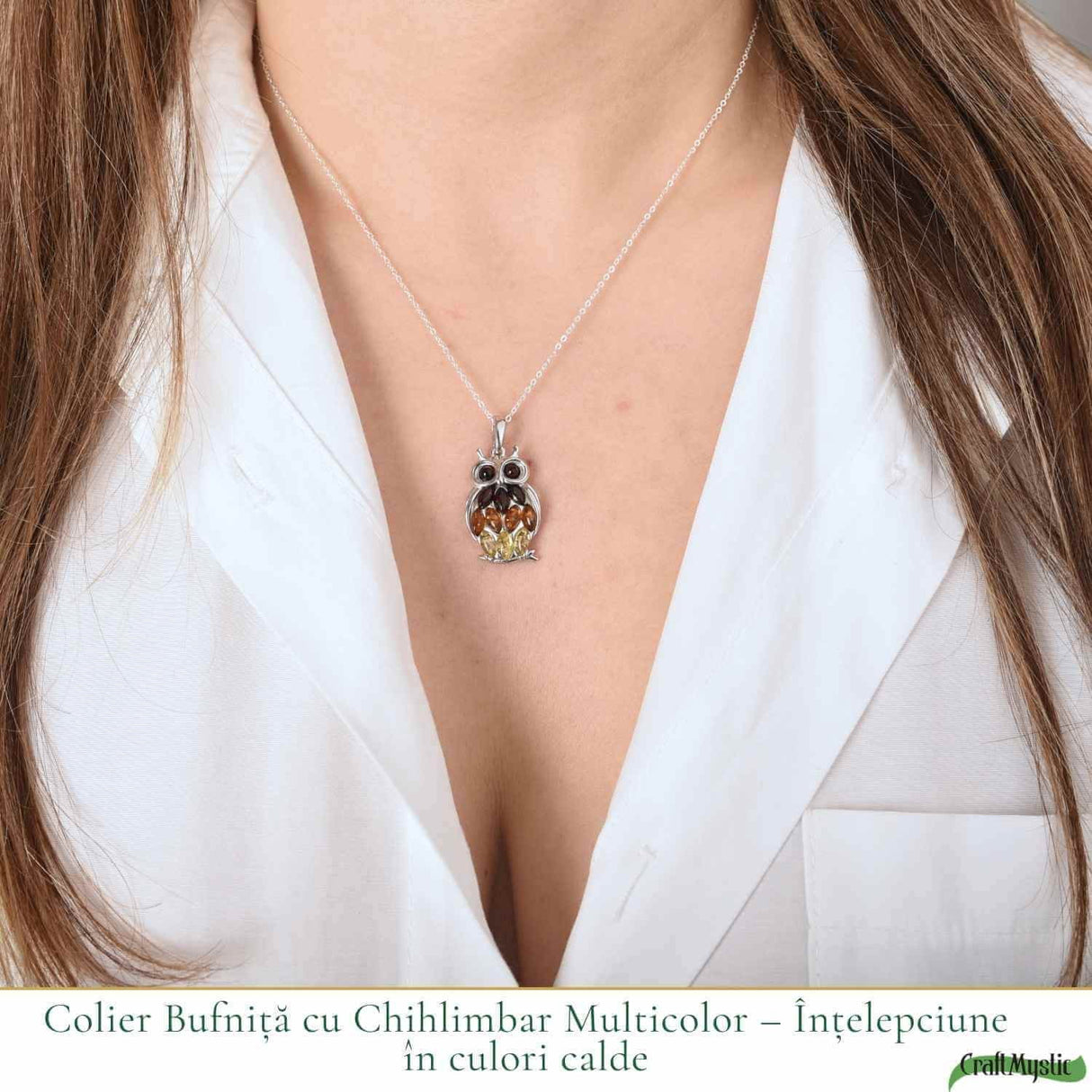 Colier argint 925 Bufnita 3 culori cu chihlimbar natural - Claritate si energie