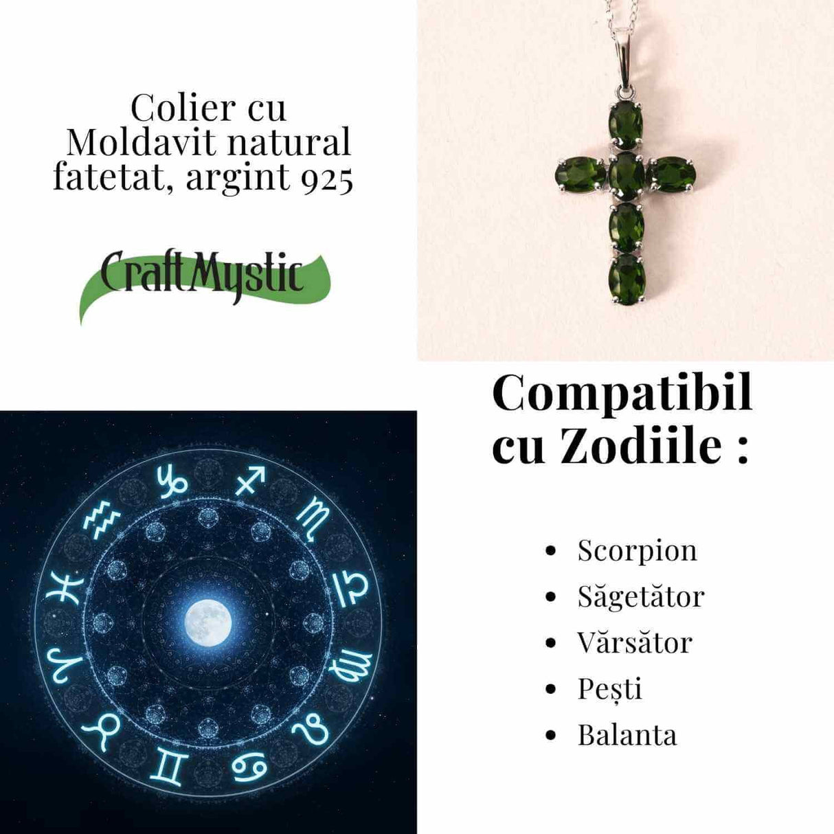Colier cruce din Argint 925 rodiat cu Moldavit natural fatetat - protectie energetica si intuitie