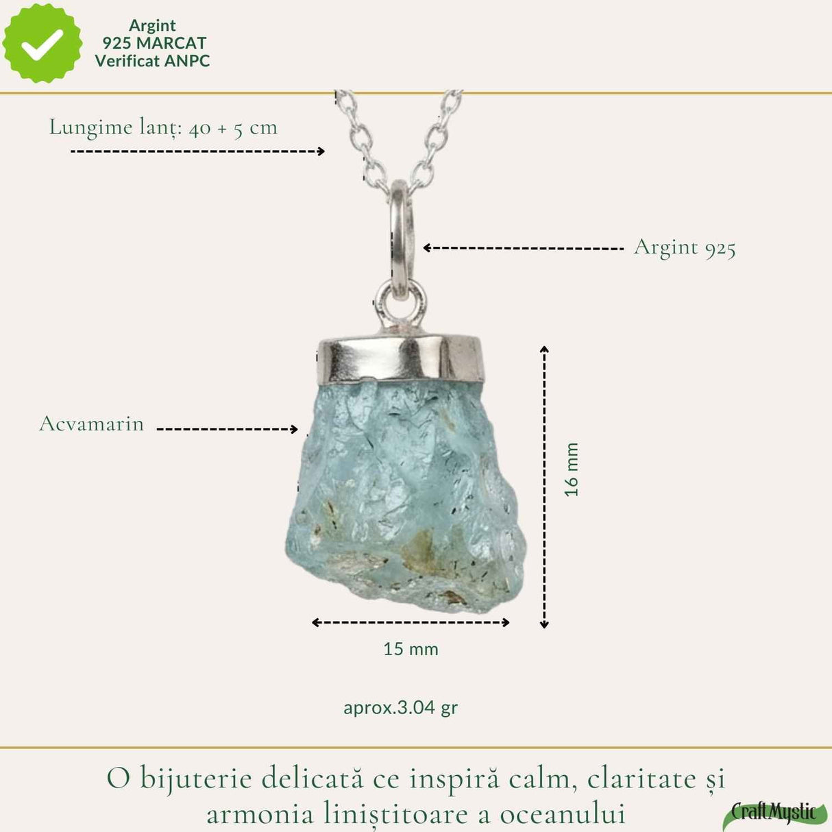 Colier Argint 925 cu Acvamarin Brut Natural – Claritate si Calm Interior