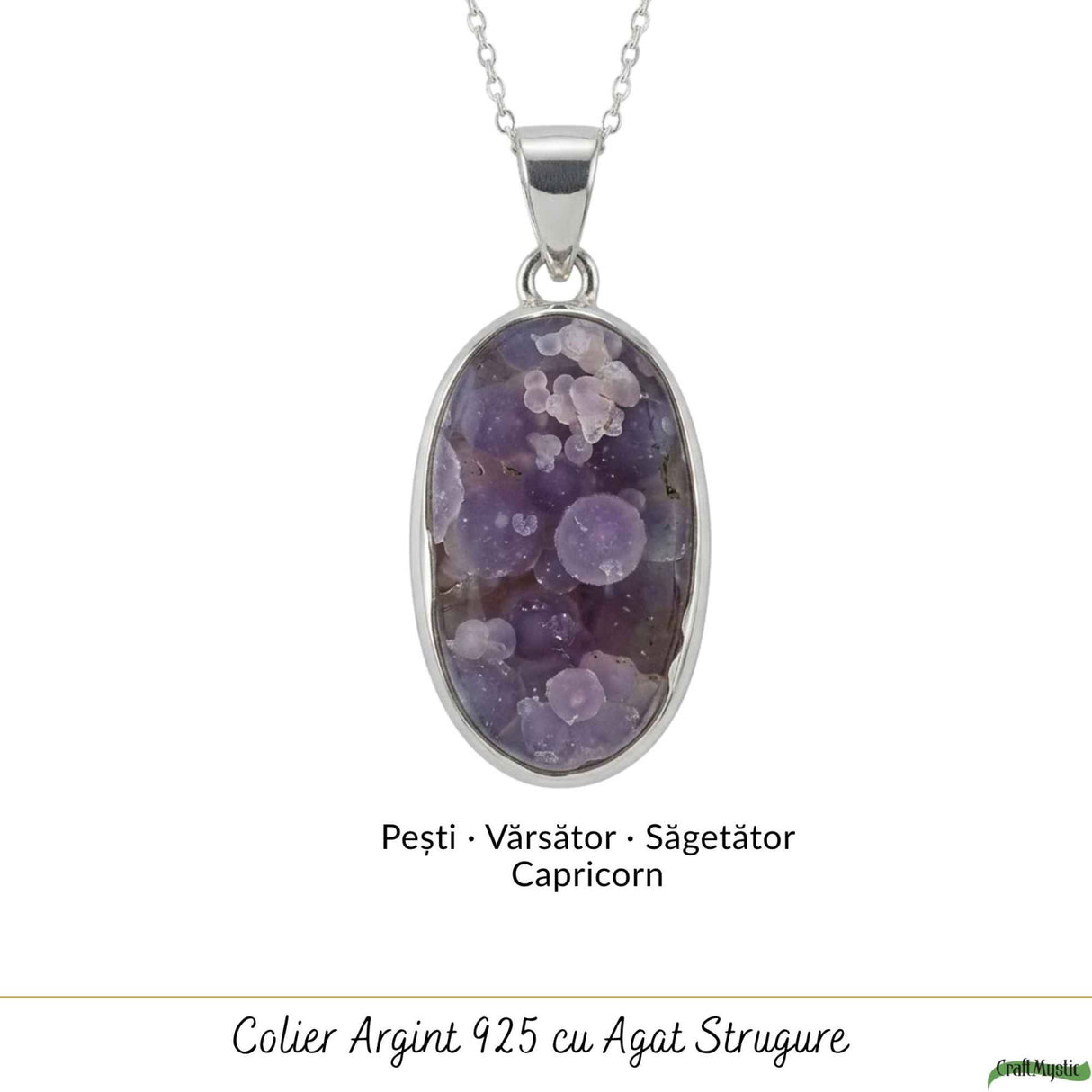 Colier Argint 925 cu Agat Strugure Natural Oval – Calm, Intuitie si Echilibru