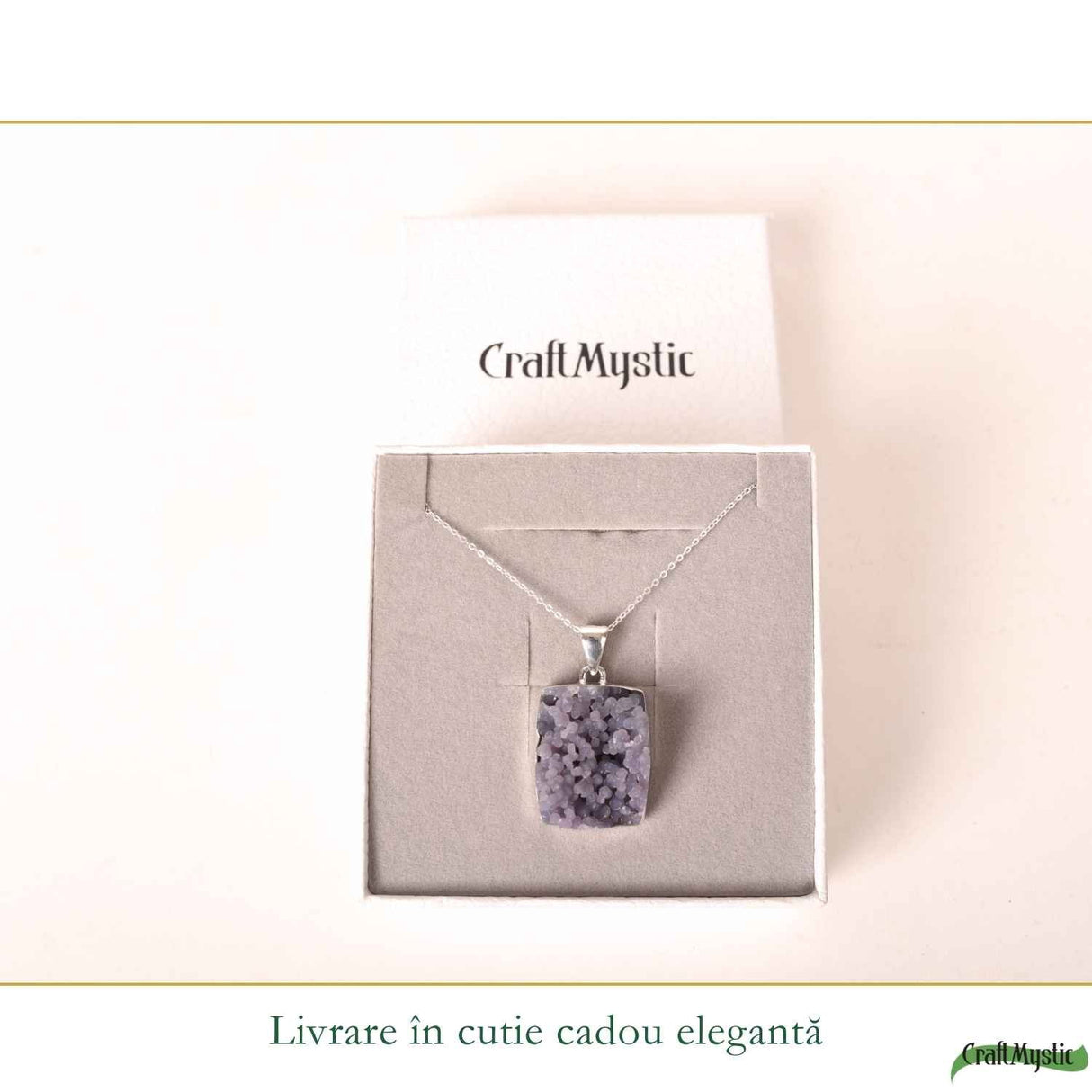 Colier Argint 925 cu Agat Strugure Natural Patrat – Energie de Calm si Echilibru