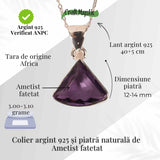 Colier Argint 925 cu Ametist Fatetat Triunghi - Protectie, Claritate si Echilibru Spiritual