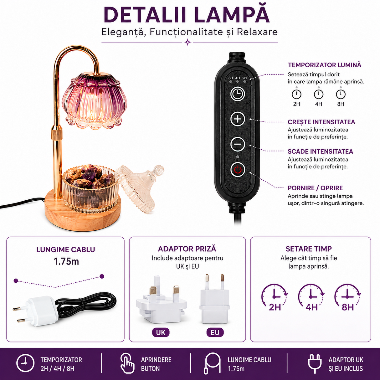 Lampa Floare cu Ametist Brut Natural – Aromaterapie ulei esestial , Relaxare și Energie Armonioasa