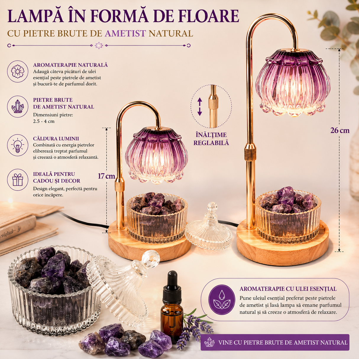 Lampa Floare cu Ametist Brut Natural – Aromaterapie ulei esestial , Relaxare și Energie Armonioasa
