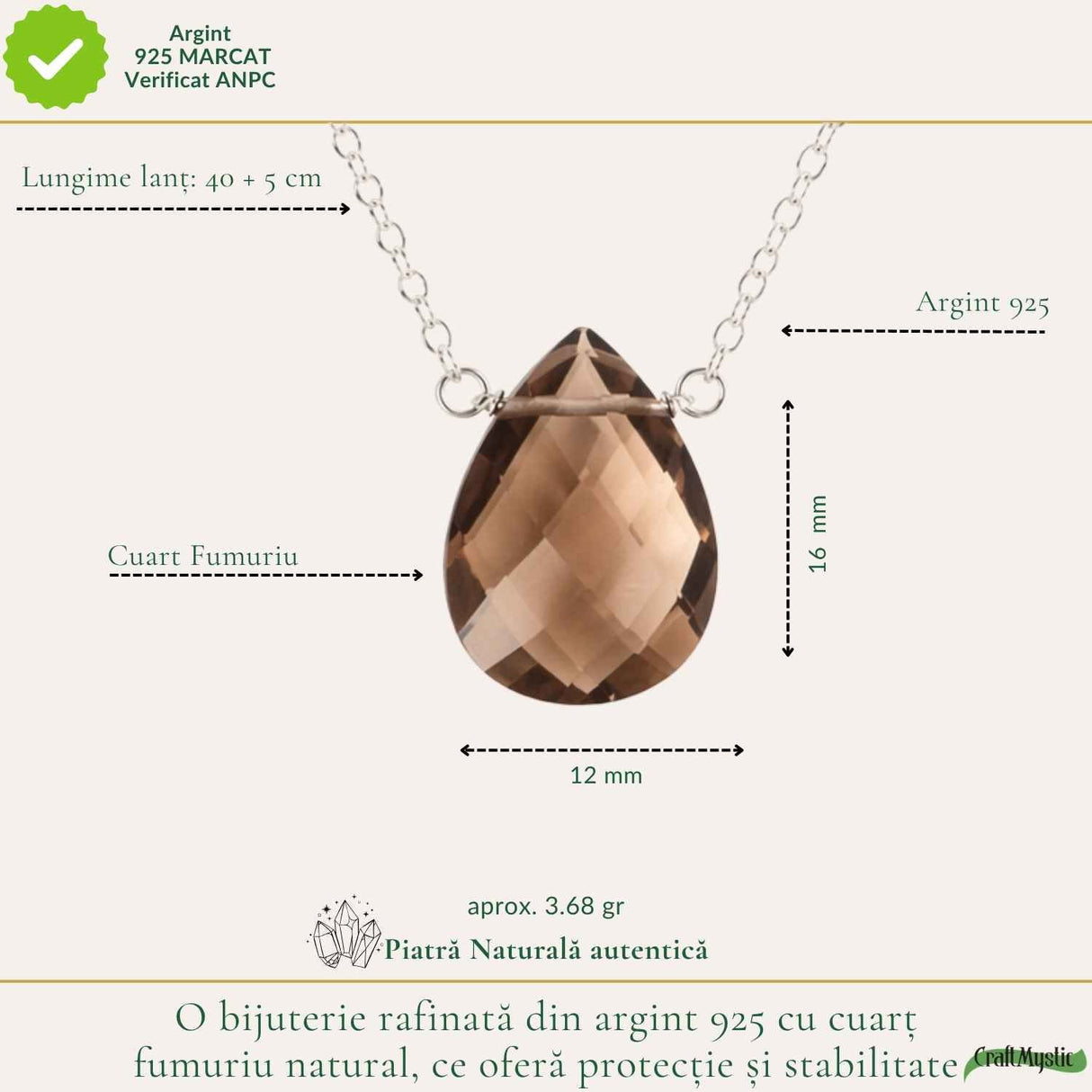 Colier argint 925 cu cuart fumuriu lacrima – protectie ai echilibru emotional