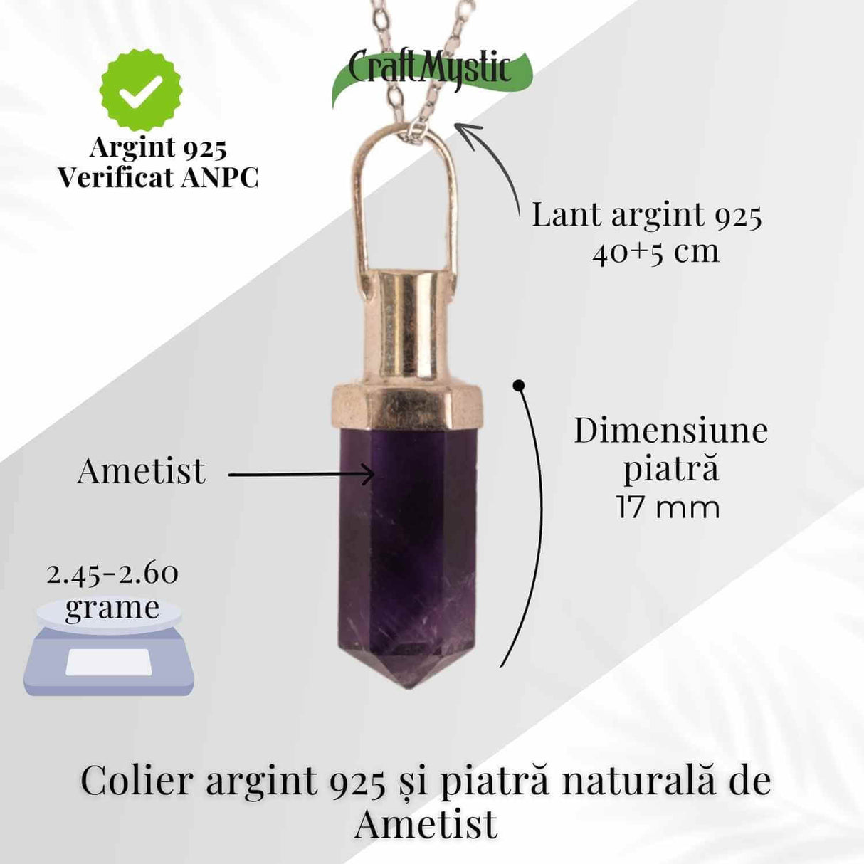 Colier Argint 925 cu Ametist Natural - Claritate, Liniste si Protectie Spirituala