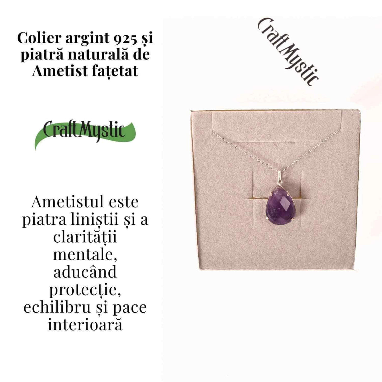 Colier Argint 925 cu Ametist Lacrima fatetat- Claritate, Protectie si Liniste Spirituala