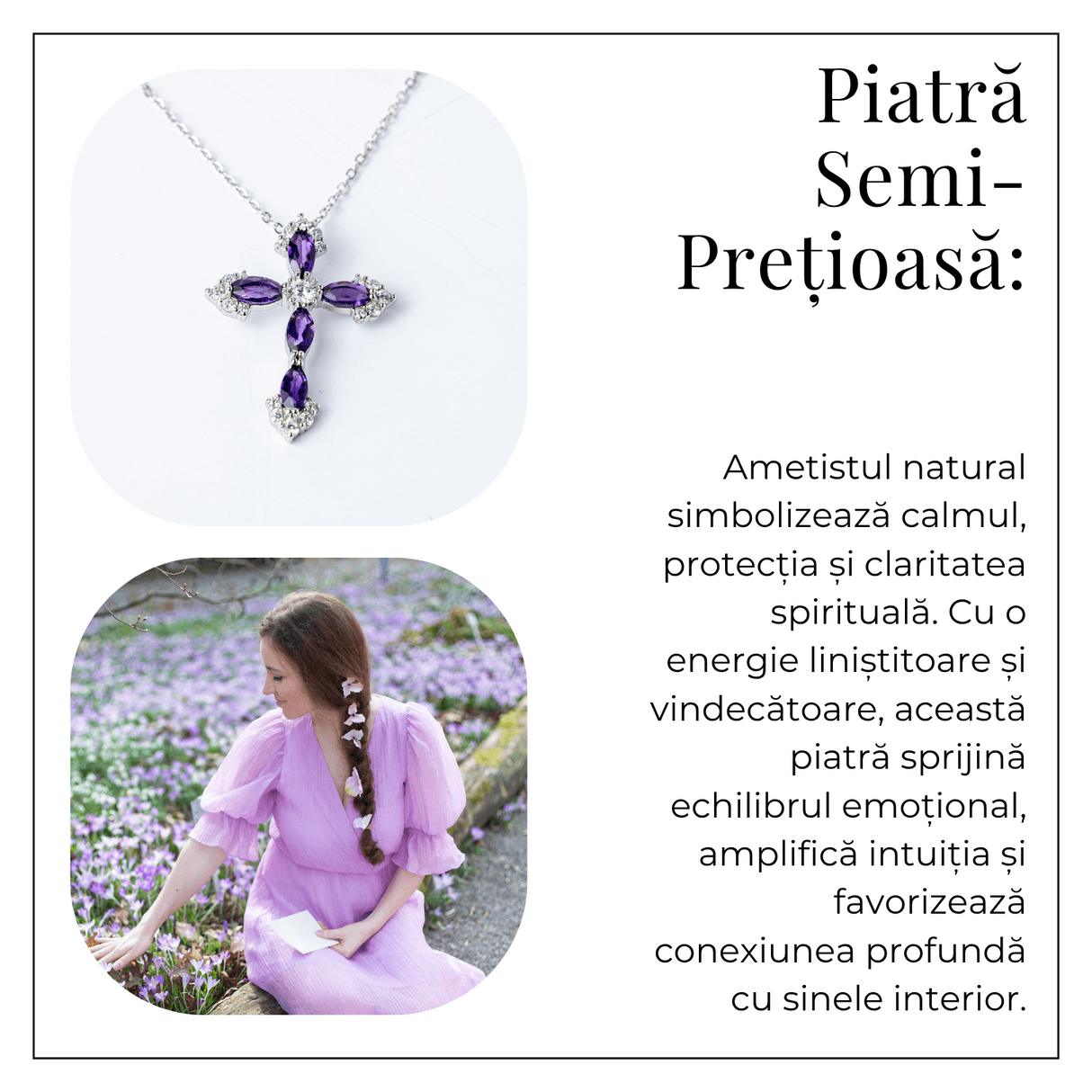 Colier Argint 925 cu Crucifix din Ametist Natural si Zirconiu - Simbol al Linistii Interioare si Protectiei Spirituale