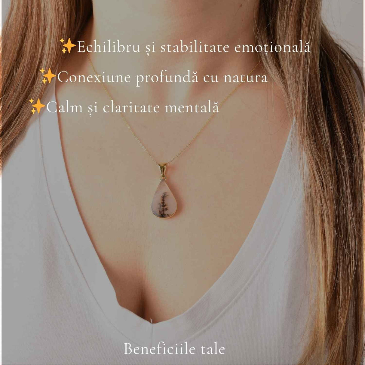 Colier Argint 925 Placat Aur 18K cu Agat Scenic Dendritic Natural – Echilibru si Conexiune cu Natura