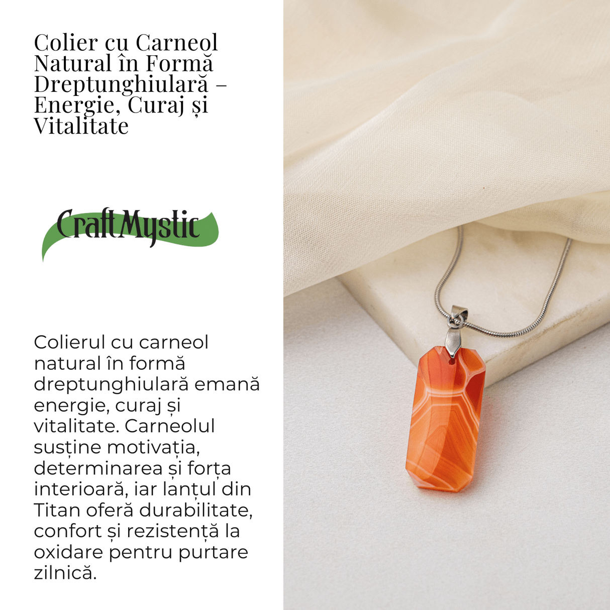 Colier Titanium cu Carneol Natural Dreptunghiular - Energie, Curaj si Vitalitate