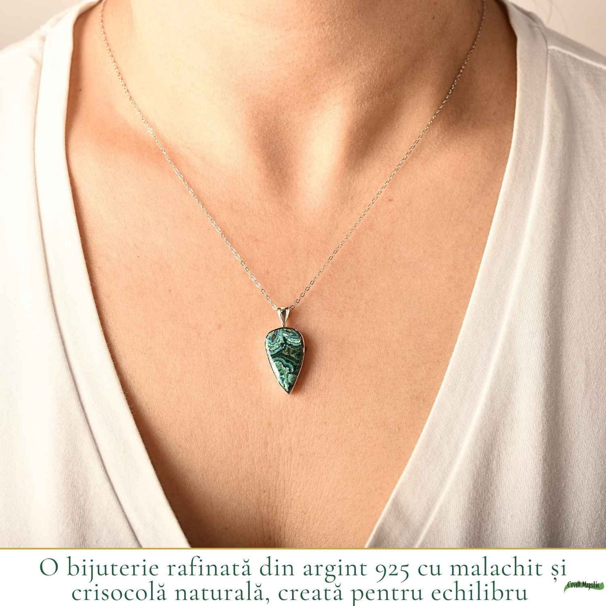Colier Argint 925 cu Malachit si Crisocola Lacrima – Protectie si Armonie
