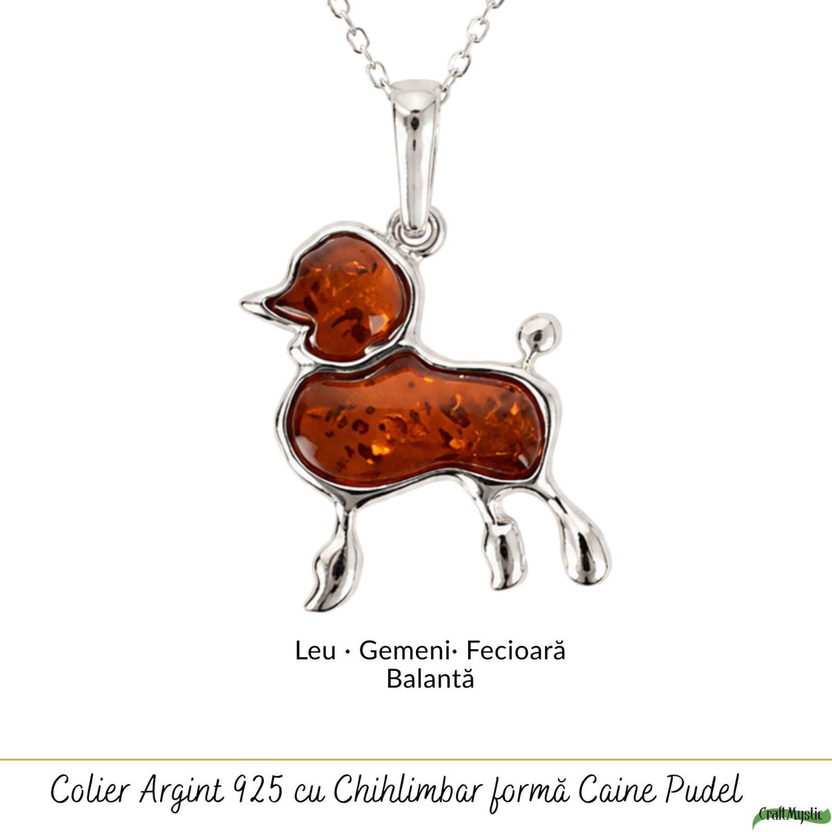 Colier Argint 925 cu Chihlimbar Pudel – Energie Calda si Bucurie