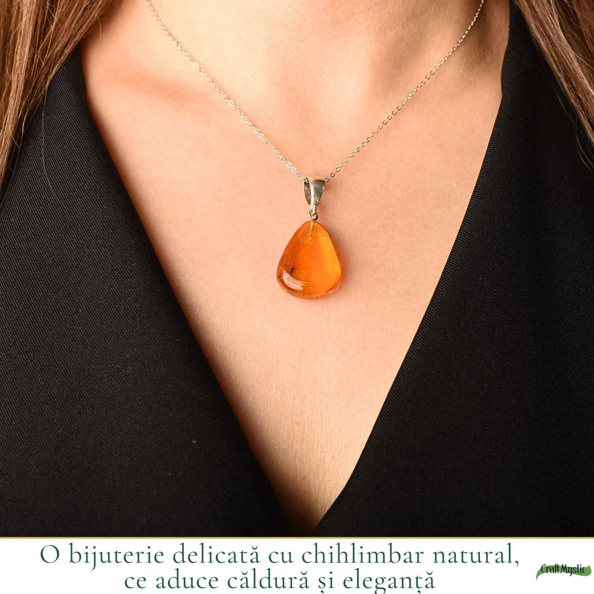 Colier cu Chihlimbar Natural in Forma de Lacrima si Lant din Argint 925 – Caldura si Energie Pozitiva