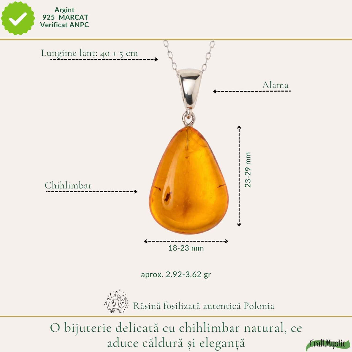 Colier cu Chihlimbar Natural in Forma de Lacrima si Lant din Argint 925 – Caldura si Energie Pozitiva