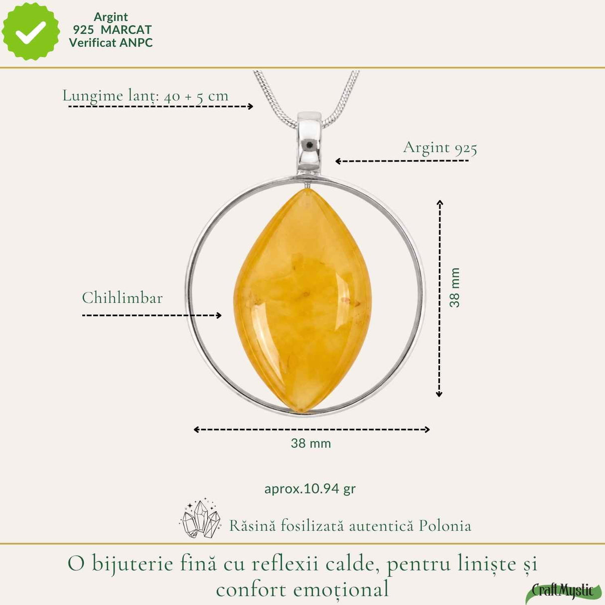 Colier Argint 925 cu Chihlimbar Frunza – Energie Naturala si Eleganta Organica