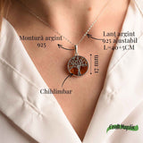 Colier argint 925 cu chihlimbar natural - copacul vietii rotund