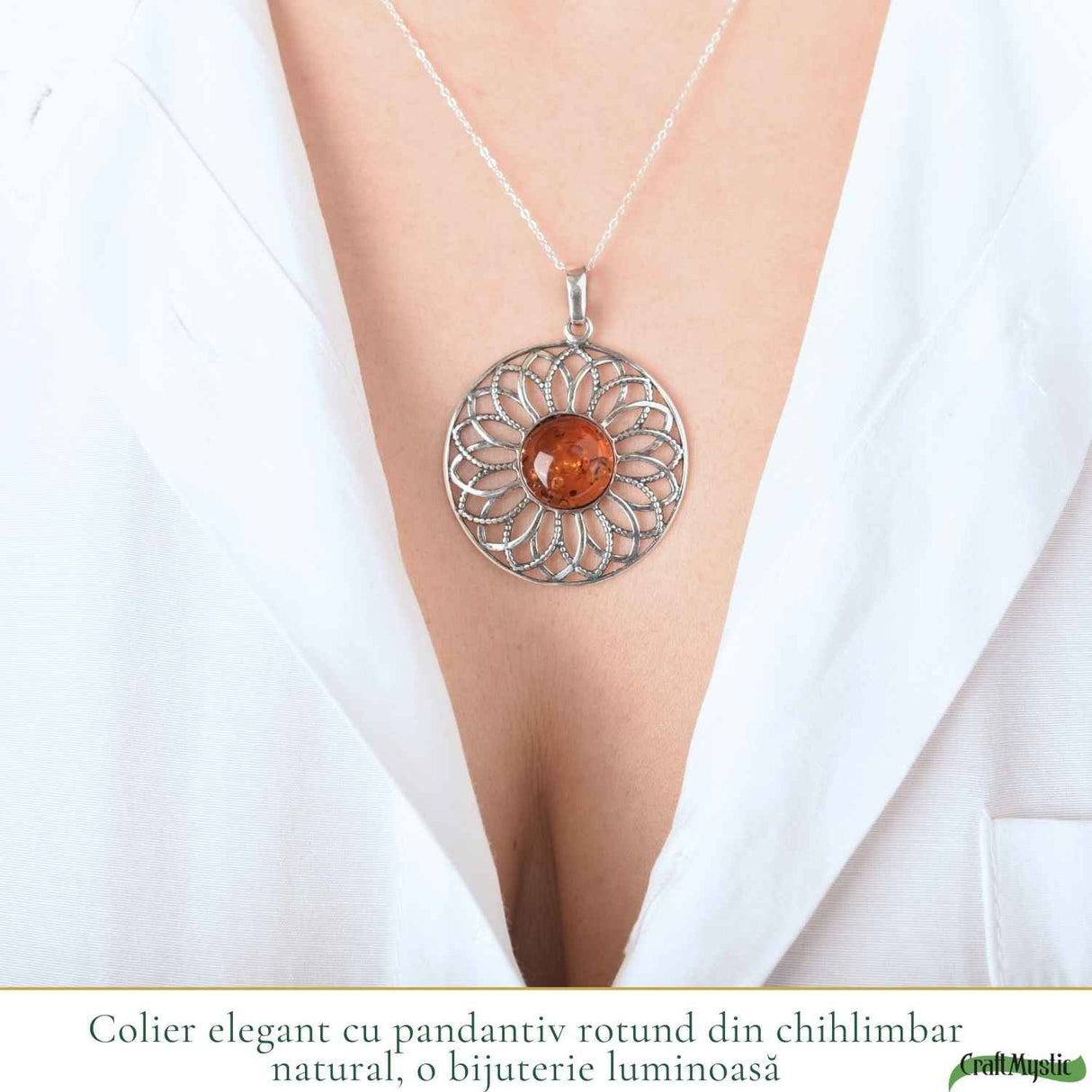 Colier Argint 925 cu Floare Mare din Chihlimbar Natural - Energie Calda si Feminitate
