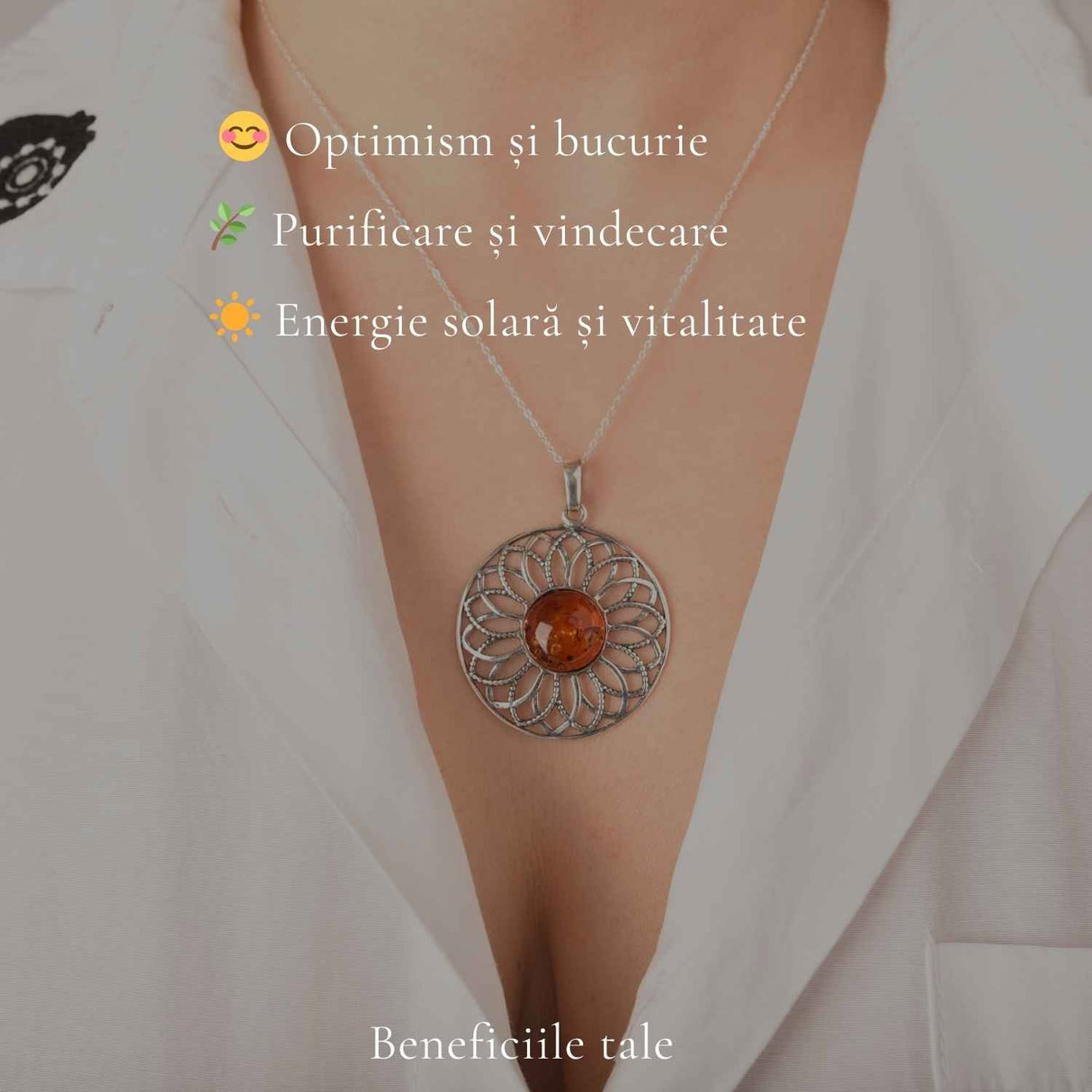 Colier Argint 925 cu Floare Mare din Chihlimbar Natural - Energie Calda si Feminitate