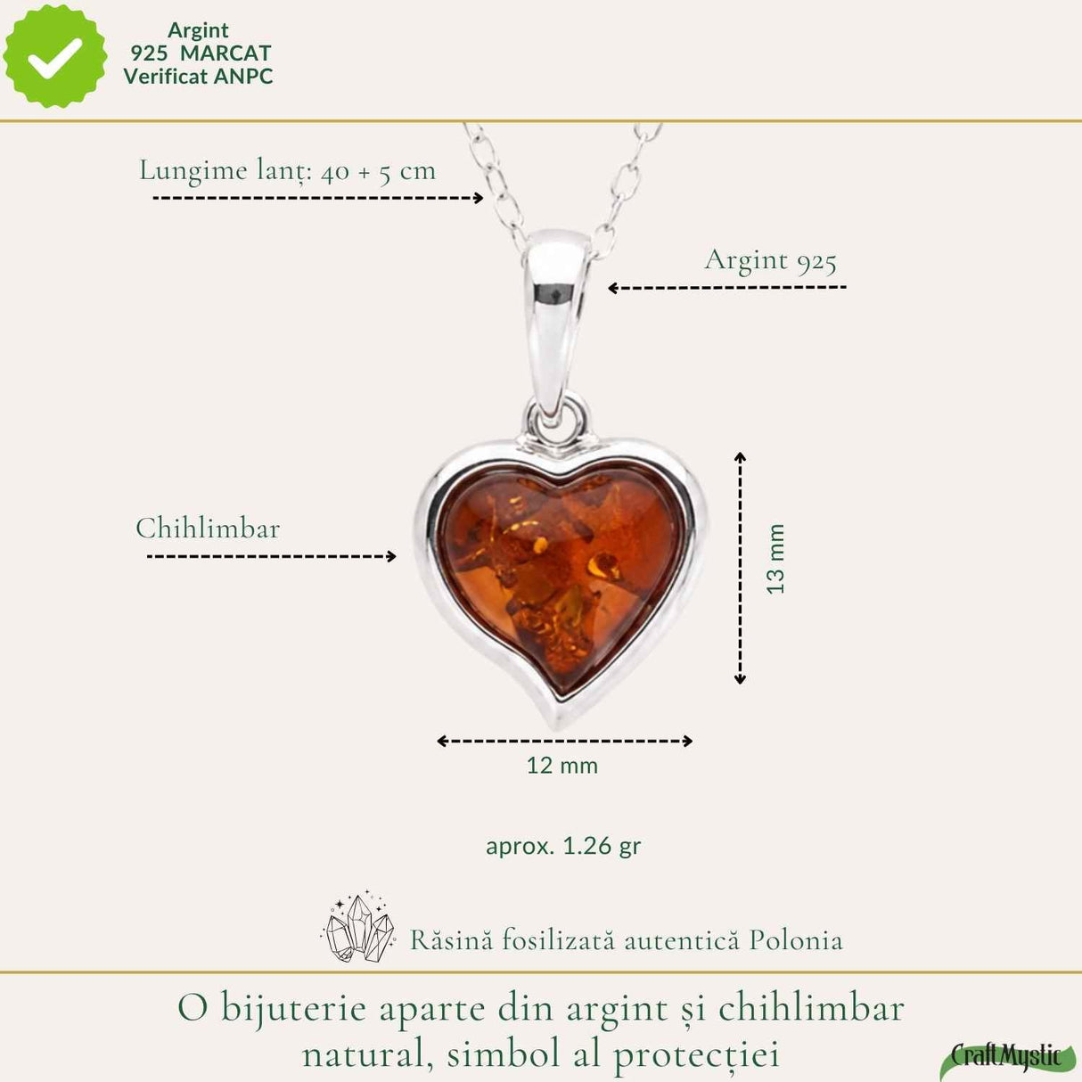 Colier Argint 925 cu Chihlimbar Inima – Iubire si Energie Pozitiva