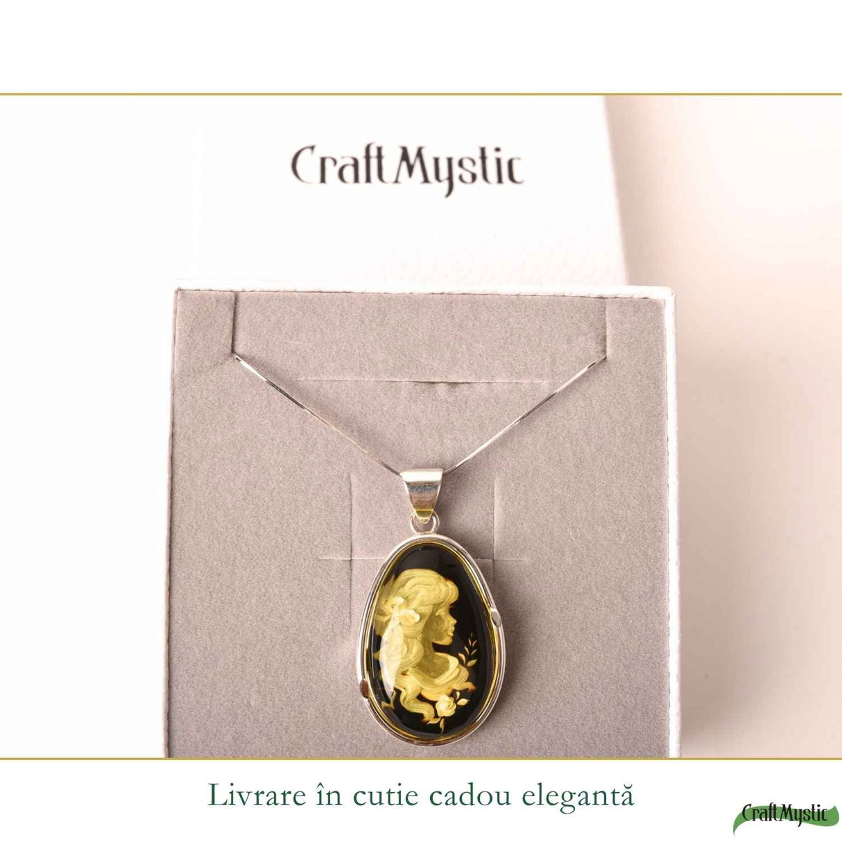 Colier Argint 925 cu Chihlimbar Verde Lacrima Camee Feminina – Elegantta si Rafinat