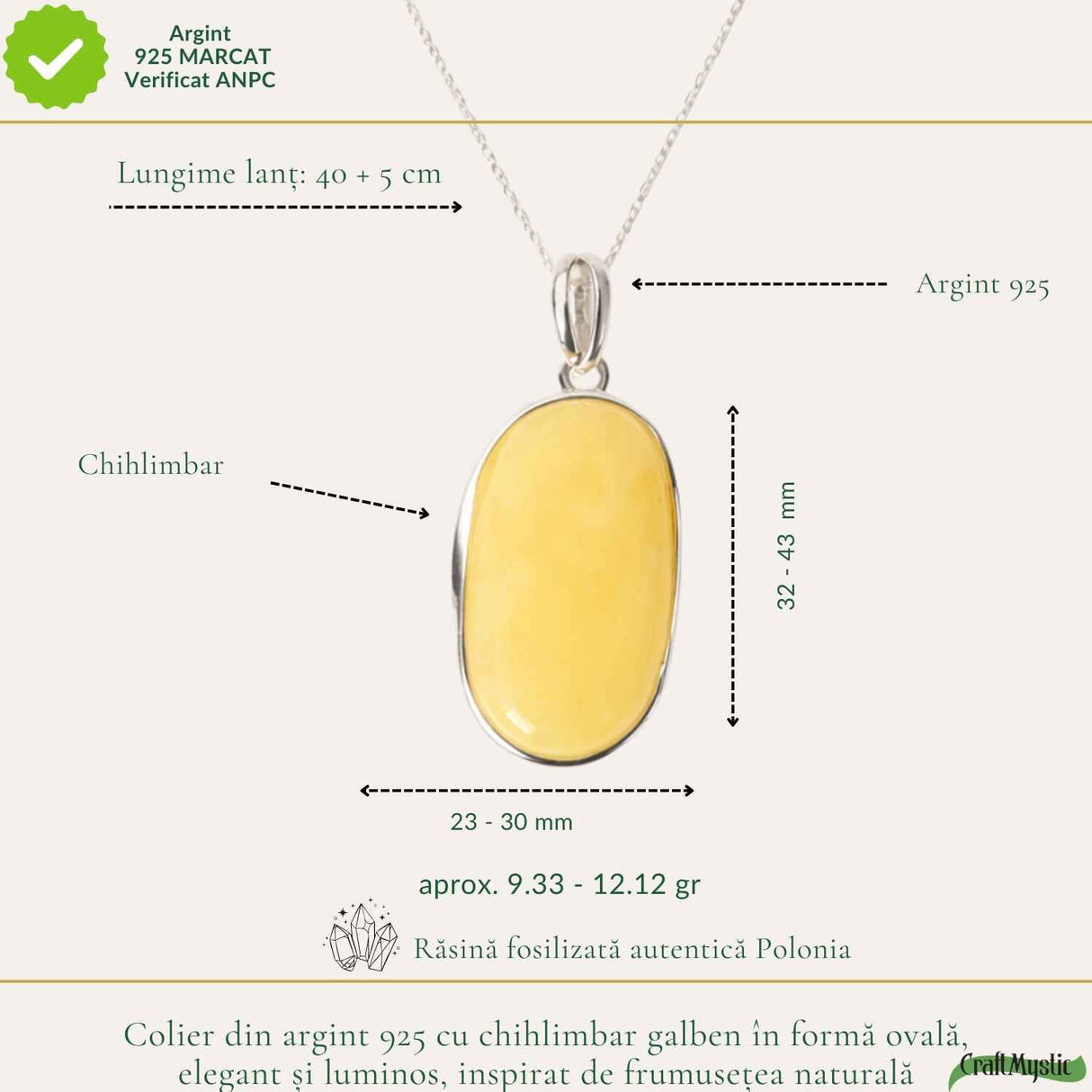 Colier Argint 925 cu Chihlimbar Galben Natural Oval - Energie Solara si Vitalitate
