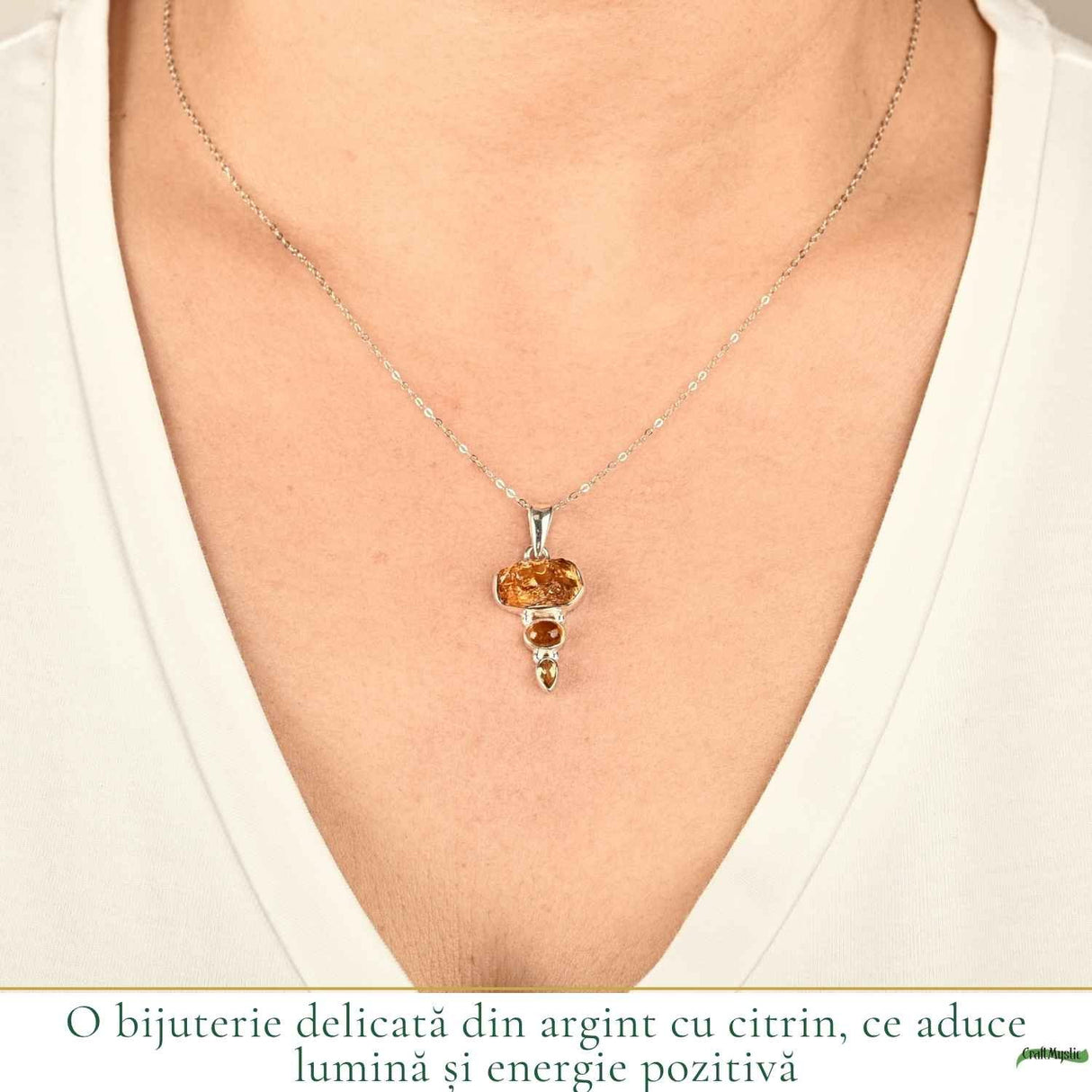 Colier Argint 925 cu Triplu Citrin – Energie, Abundenta si Lumina Interioara