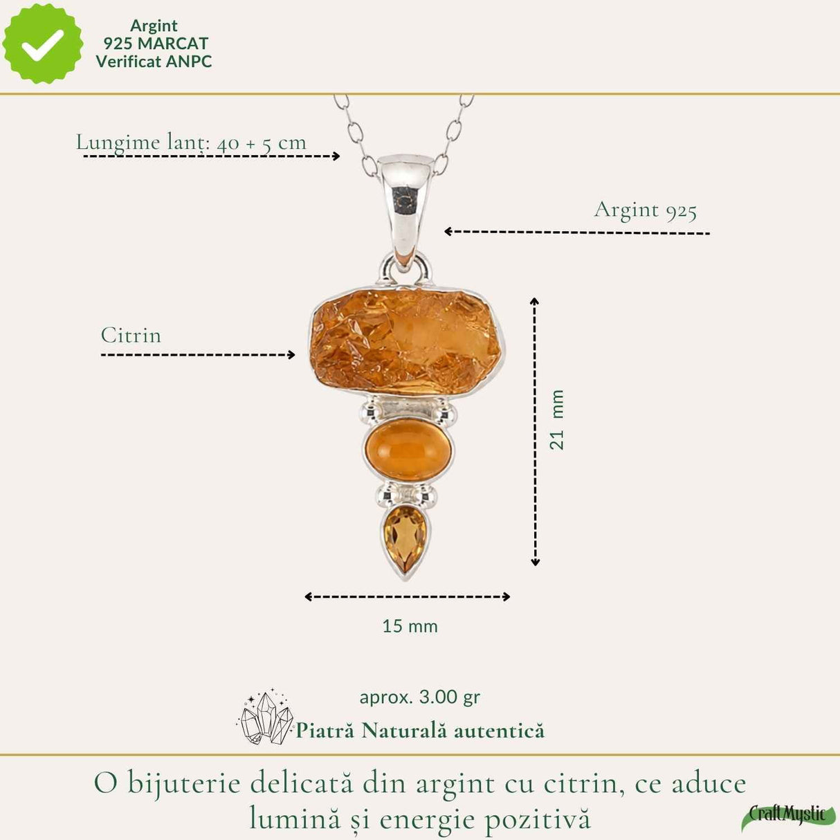 Colier Argint 925 cu Triplu Citrin – Energie, Abundenta si Lumina Interioara