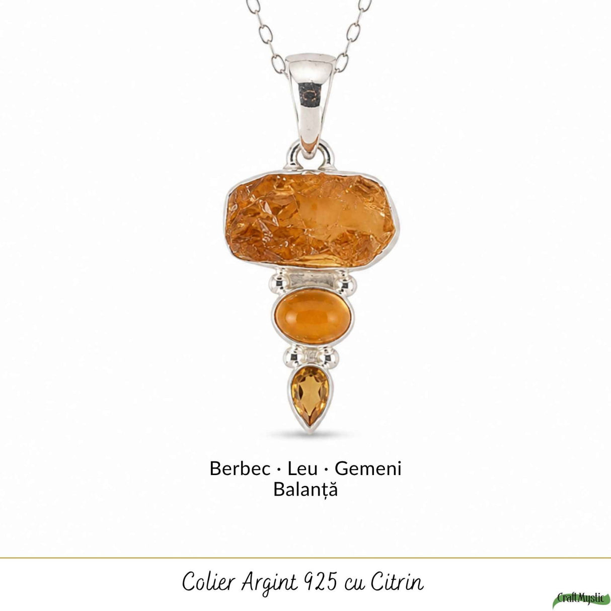 Colier Argint 925 cu Triplu Citrin – Energie, Abundenta si Lumina Interioara