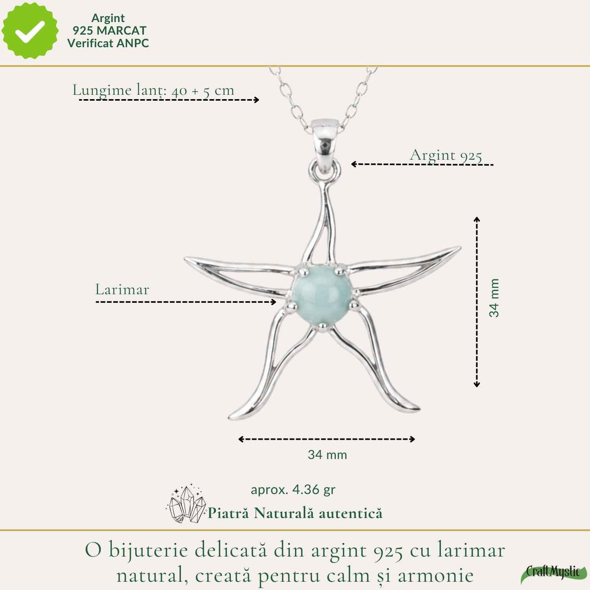 Colier Argint 925 cu Larimar Stea de Mare – Calm si Energie Feminina