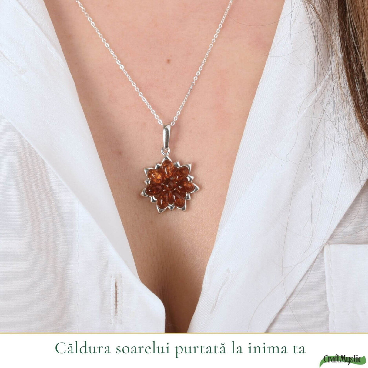 Colier argint 925 cu floare si chihlimbar natural - Energie solara si feminitate
