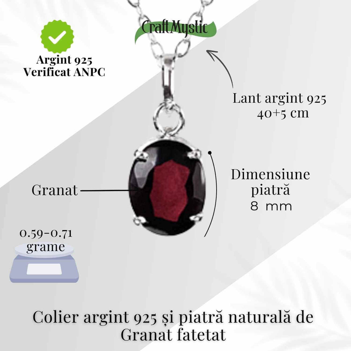 Colier Argint 925 cu Granat Oval fatetat- Pasiune, Curaj si Energie Interioara