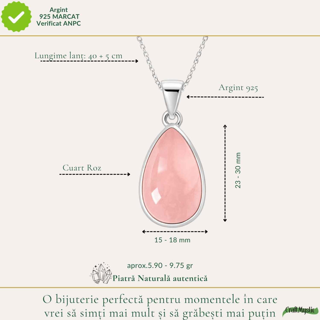 Colier argint 925 cu Cuart Roz lacrima – iubire de sine si echilibru emotional