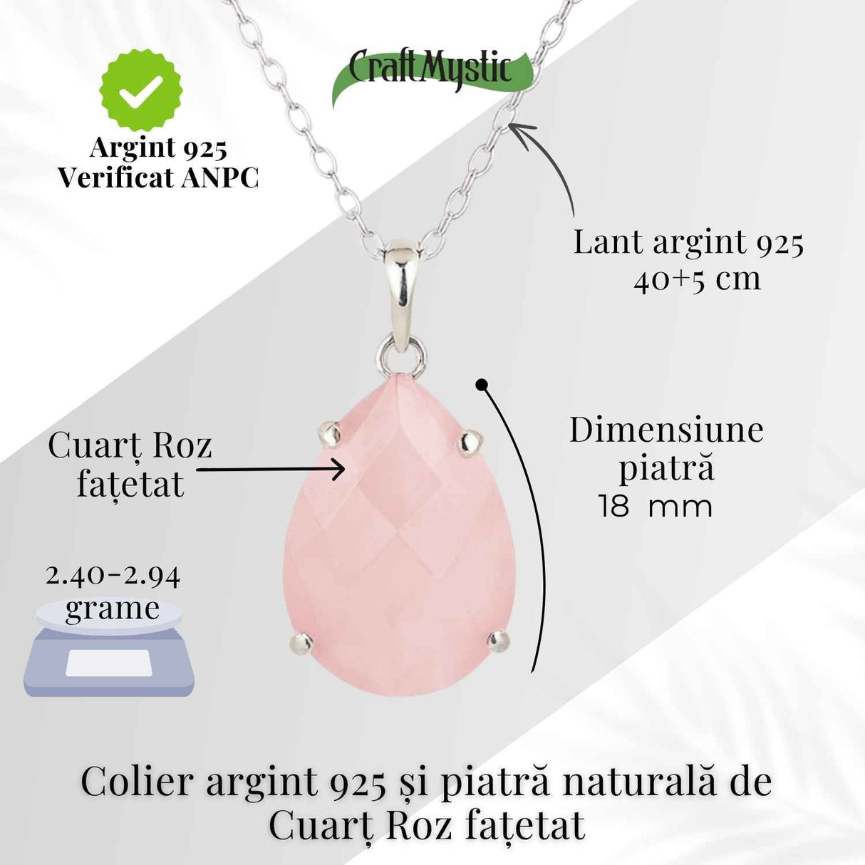 Colier Argint 925 cu Cuart Roz Lacrima - Iubire, Vindecare si Armonie Interioara