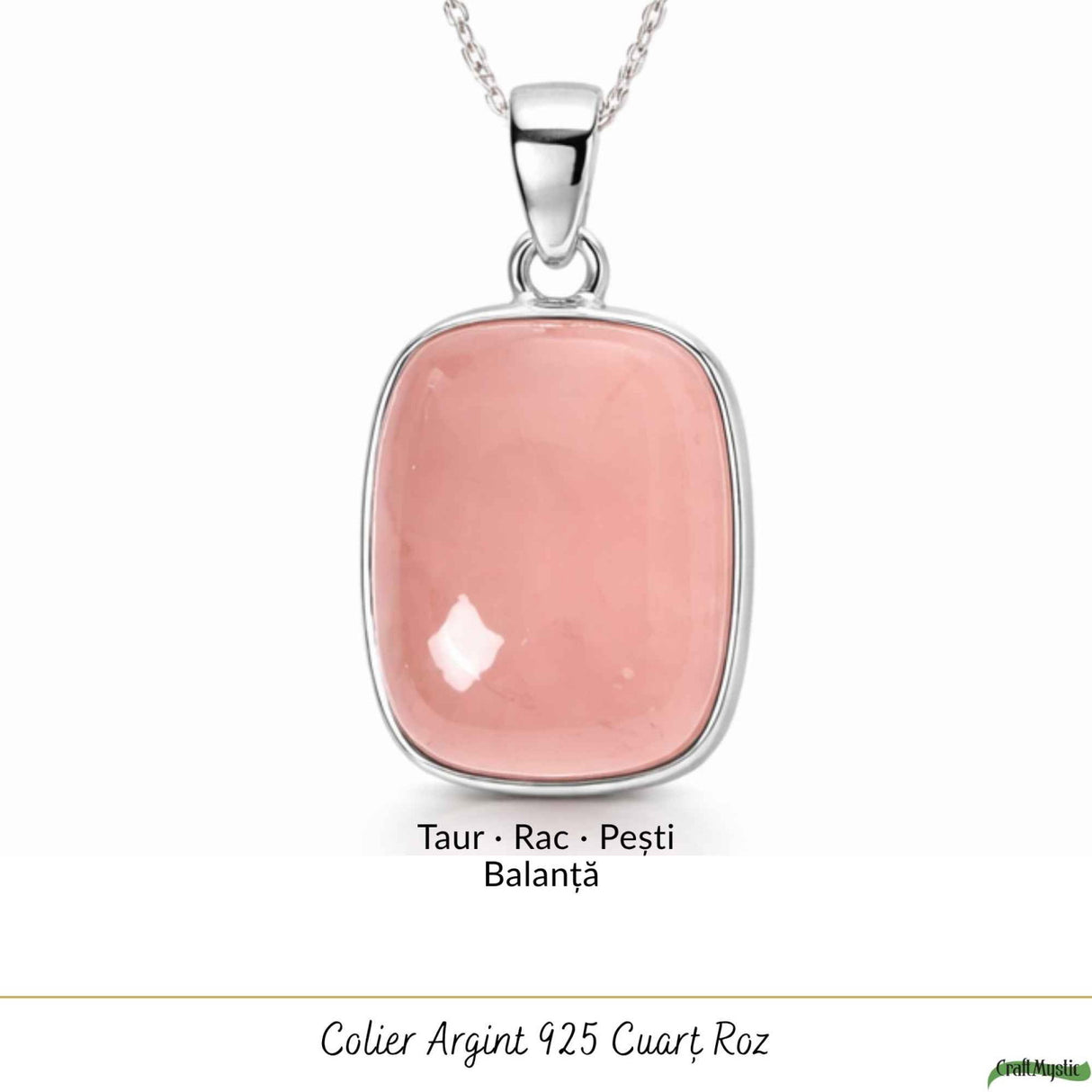 Colier argint 925 cu Cuart Roz patrat – iubire de sine si echilibru emotional