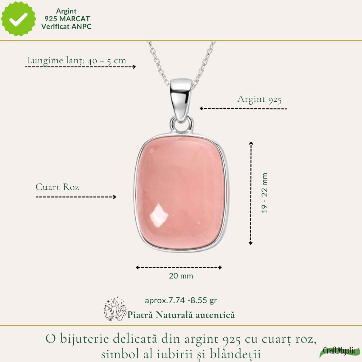 Colier argint 925 cu Cuart Roz patrat – iubire de sine si echilibru emotional