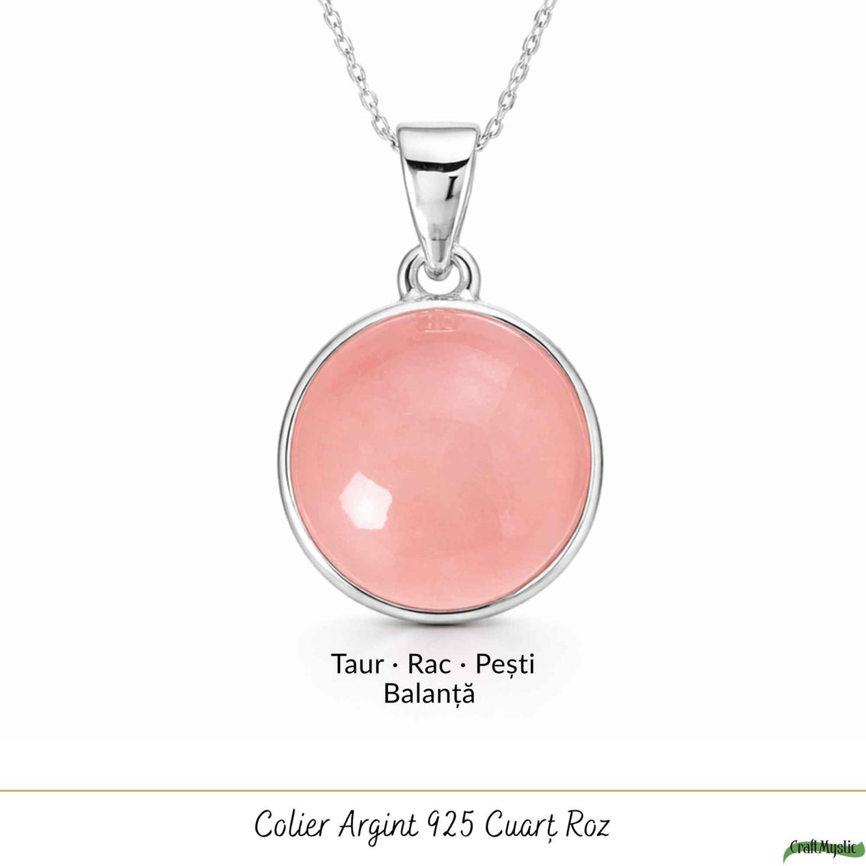 Colier argint 925 cu Cuart Roz rotund – iubire de sine si armonie interioara