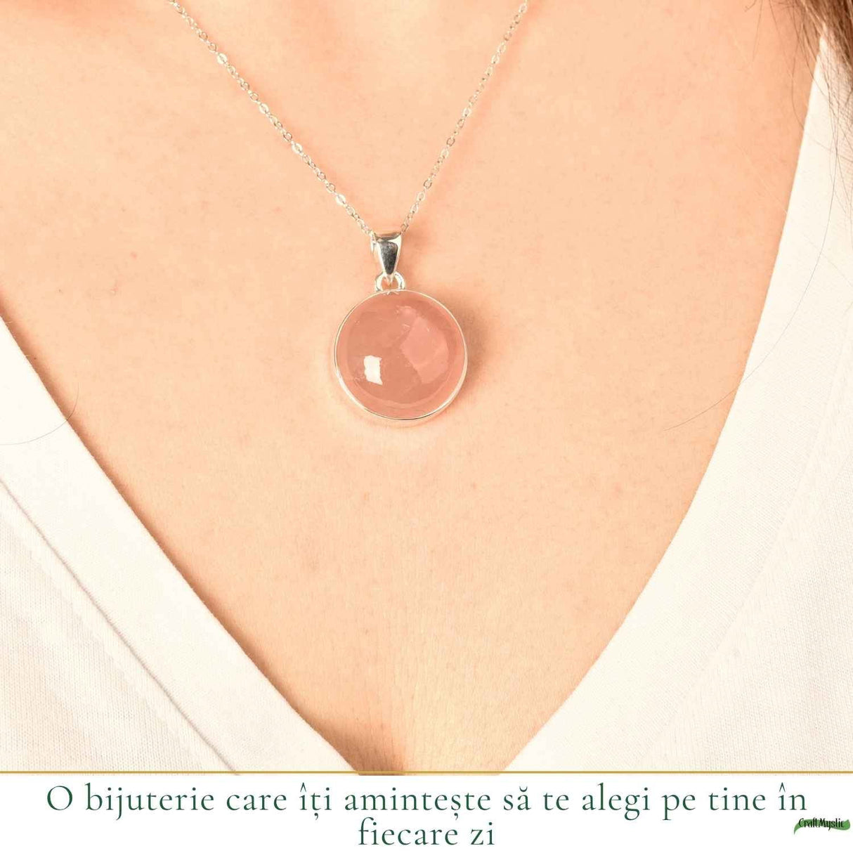 Colier argint 925 cu Cuart Roz rotund – iubire de sine si armonie interioara