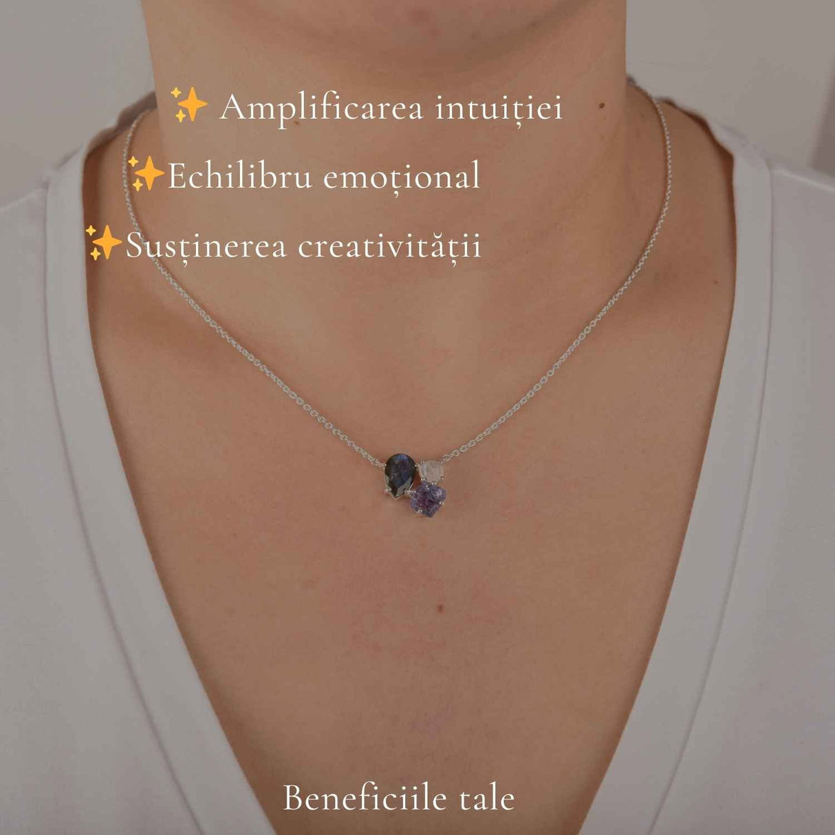Colier Argint 925 cu Labradorit, Tanzanit Si Piatra Lunii – Intuitie si Echilibru