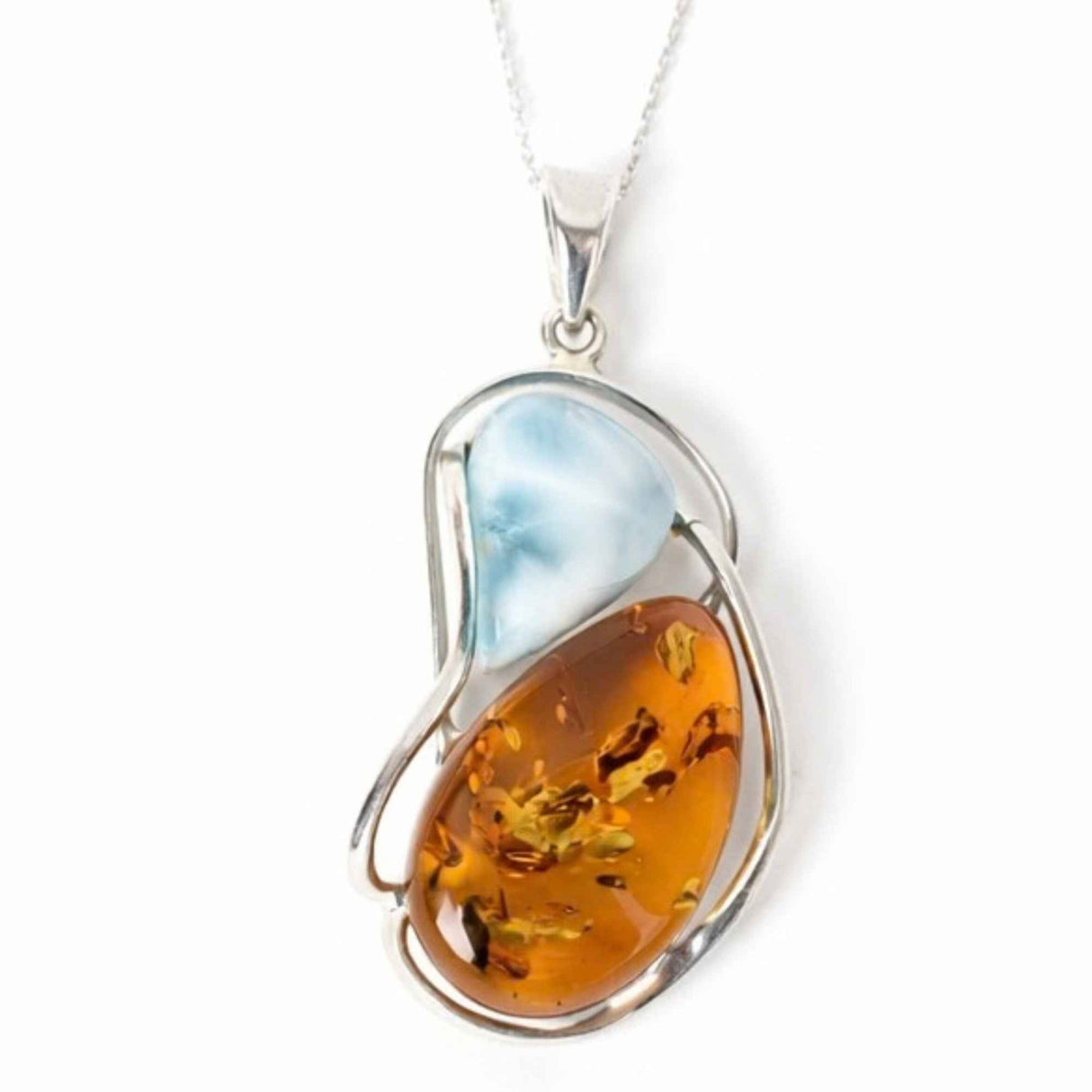 Colier Argint 925 cu Chihlimbar si Larimar Natural - Energie Calda si Echilibru
