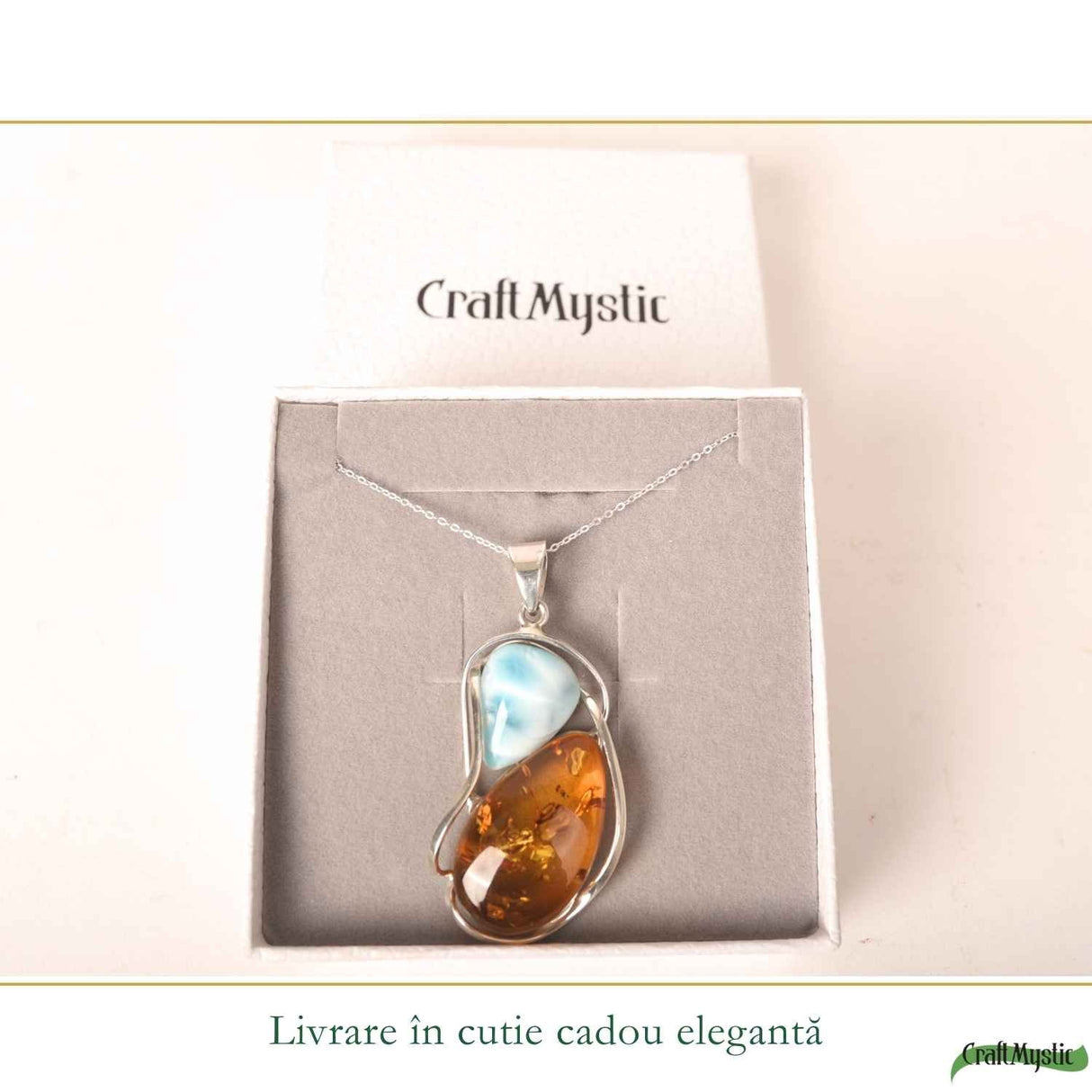 Colier Argint 925 cu Chihlimbar si Larimar Natural - Energie Calda si Echilibru