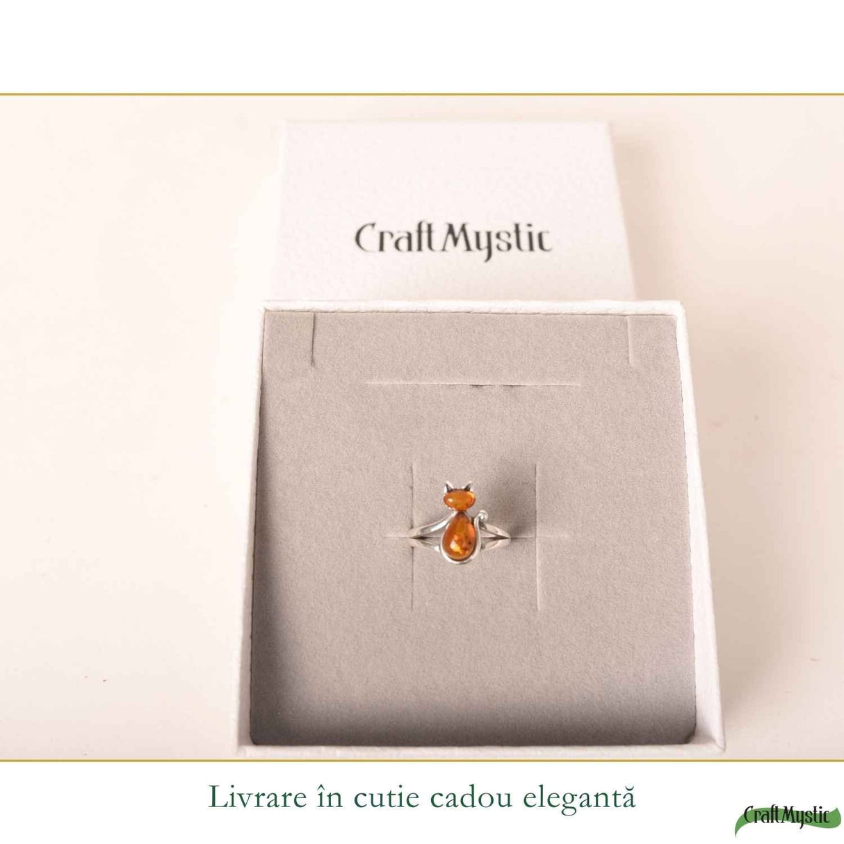 Inel Argint 925 Pisica cu Chihlimbar Natural - Intuitie, Energie Calda si Farmec
