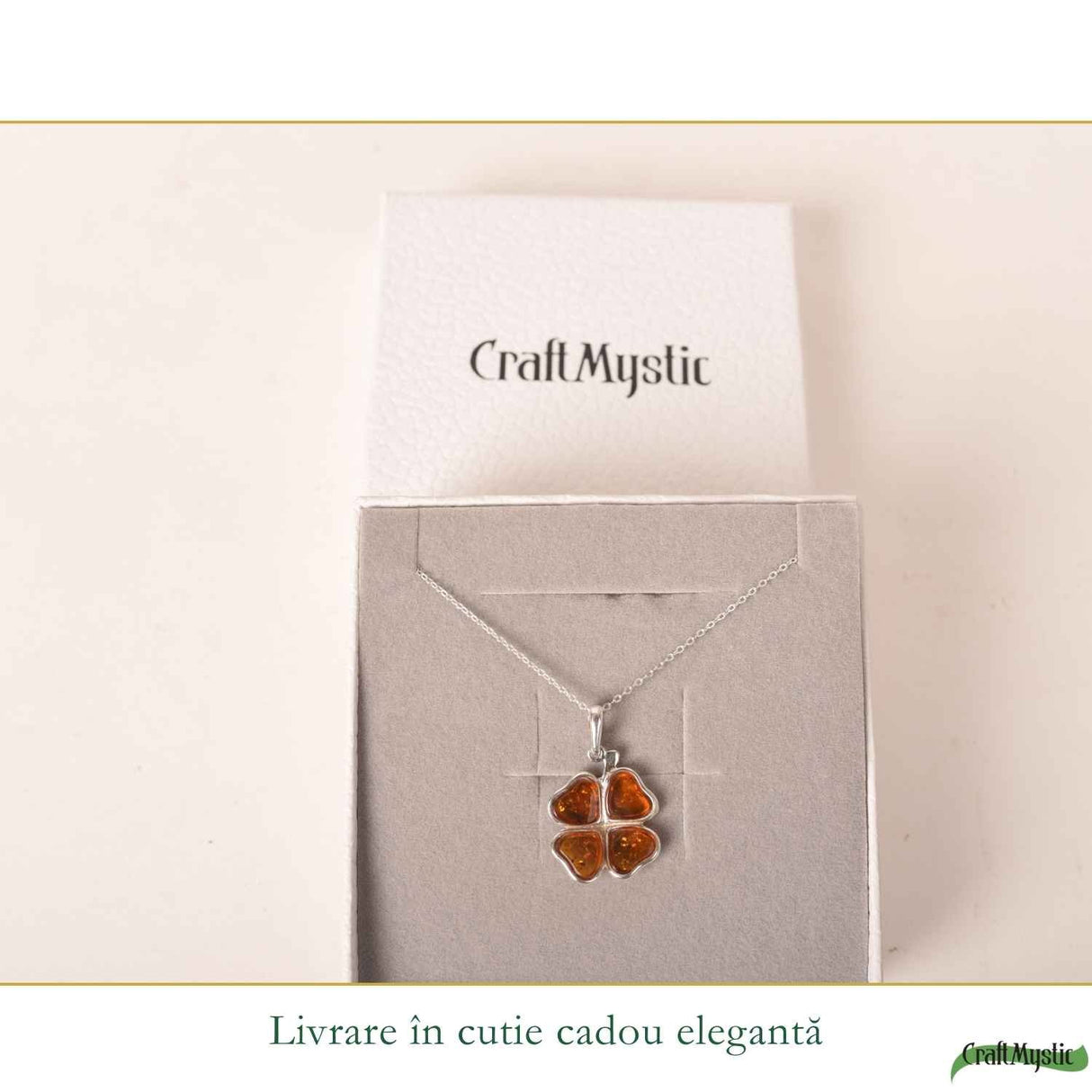 Colier Argint 925 cu Trifoi din Chihlimbar Natural - Noroc, Energie Calda si Protetie