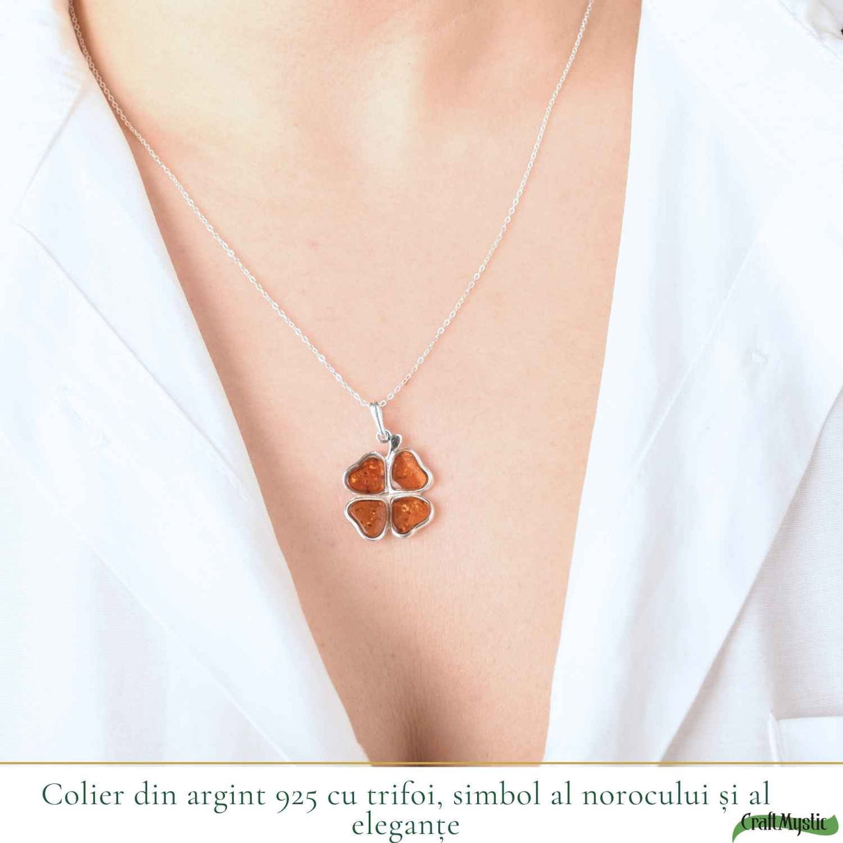 Colier Argint 925 cu Trifoi din Chihlimbar Natural - Noroc, Energie Calda si Protetie