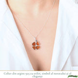 Colier Argint 925 cu Trifoi din Chihlimbar Natural - Noroc, Energie Calda si Protetie