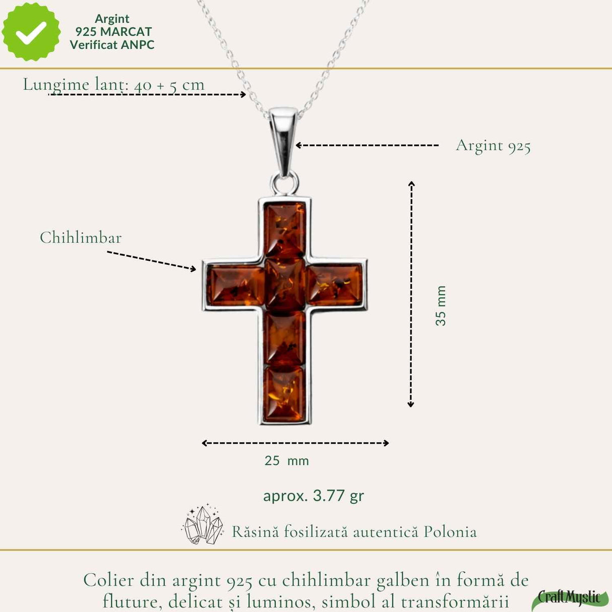 Colier Argint 925 cu Cruce Mare din Chihlimbar Natural - Protectie si Energie Luminoasa