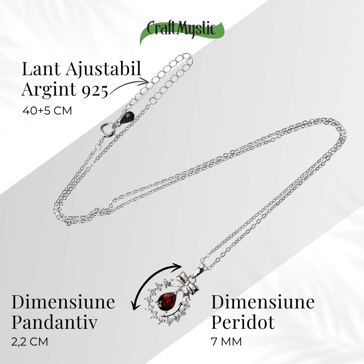 Colier Argint 925 cu Granat Natural si Zirconiu - Pandantiv Ghirlanda cu Fundita, Simbol al Energiei si Protectiei