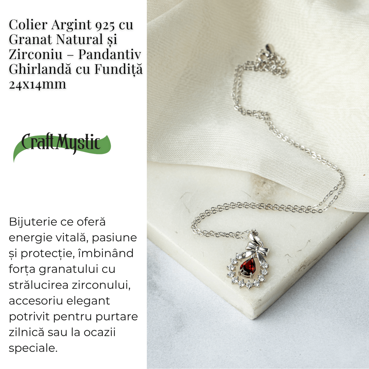 Colier Argint 925 cu Granat Natural si Zirconiu - Pandantiv Ghirlanda cu Fundita, Simbol al Energiei si Protectiei
