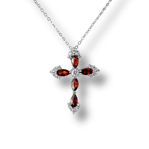 Colier Argint 925 cu Crucifix din Granat Natural si Zirconiu - Simbol al Energiei Vitale, Pasiunii si Protectiei Interioare