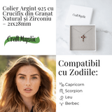 Colier Argint 925 cu Crucifix din Granat Natural si Zirconiu - Simbol al Energiei Vitale, Pasiunii si Protectiei Interioare